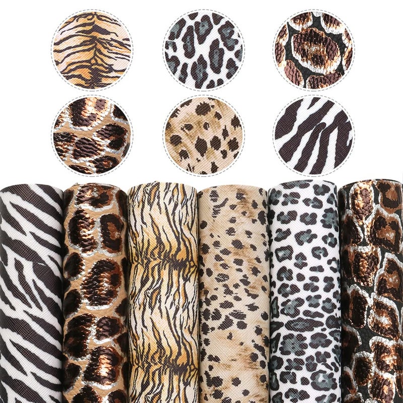 David accessories أقمشة جلدية مزيفة مطبوعة بنمط الفهد والزebra المعدني من ديفيد - 6 قطع 7.7" × 12.9" (20 سم × 33 سم) تشمل نوعين من الأقمشة الجلدية لصنع الأقواس والأقراط (مجموعة مطبوعة بنمط الفهد) - Image 1